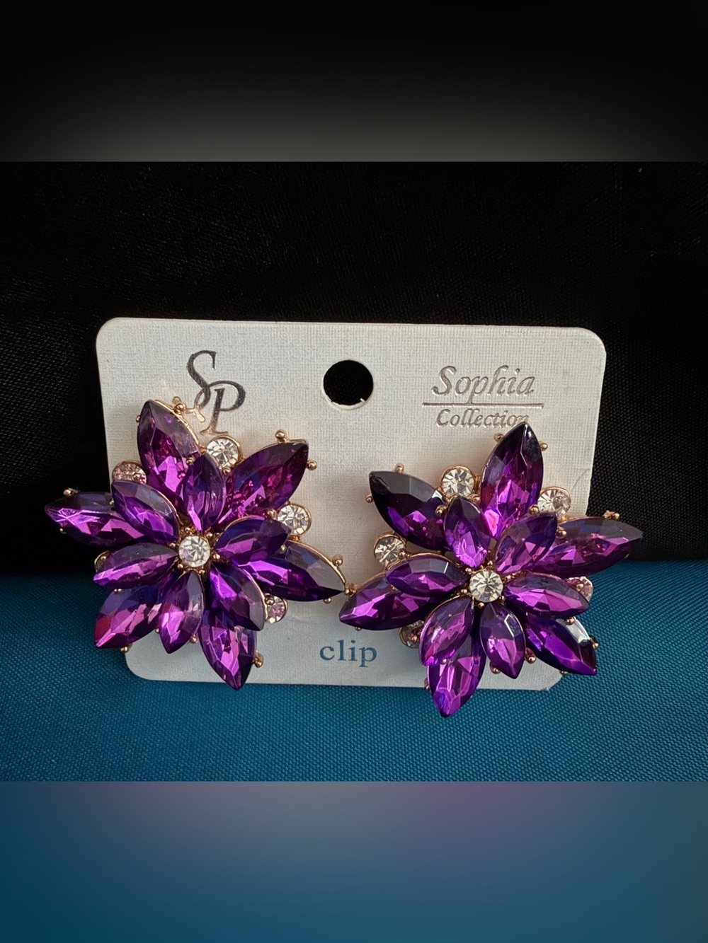 Sophia Collection Purple Crystal Flower Clip-On Earrings